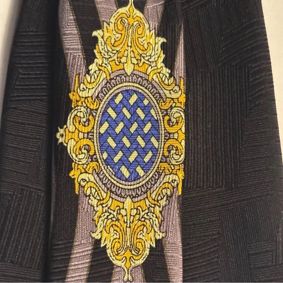 SONIA RYKIEL HOMME Black Tan Striped Silk Tie Gold Crest Emblem luxury designer
